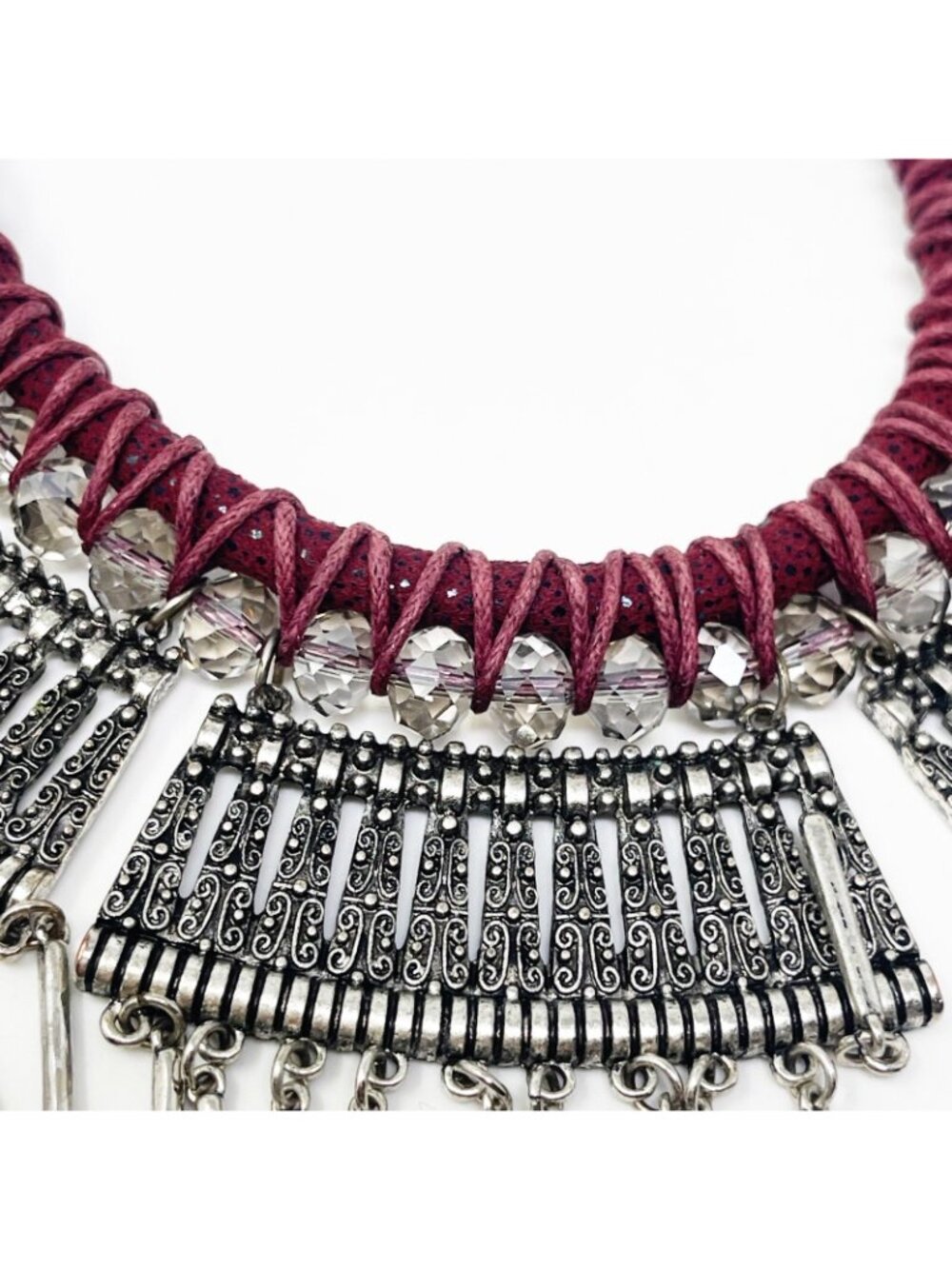 Tribal Statement Bib Necklace Maroon Cord Silver Tone Fringe Metal Etched Boho - Picture 3 of 9